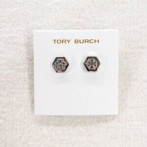 Tory Burch Hex-Logo Stud Earrings Silver OS